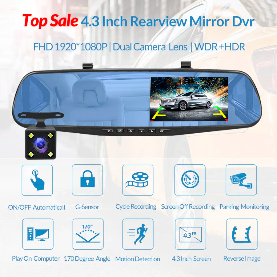 LuxRide™ 4.3” Dual Dash Cam — Front & Rear