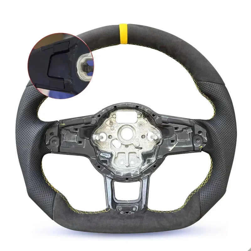 LuxRide™ Steering Wheel Sports Half Alcantara Leather Perforated For VW Golf MK7 7.5 GTI GTD GTE R Polo RLine Blue Stitching